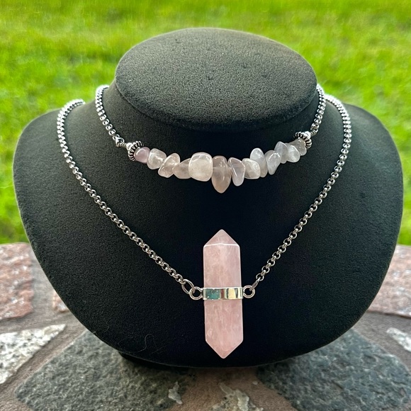Handmade Double layer necklace rose quartz crystal gemstone boho choker - Picture 8 of 11